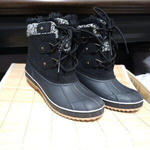 Womens Khombu Cindy Snow Hiking Boots size 9M Black Faux Fur Lace Up Gray Knit